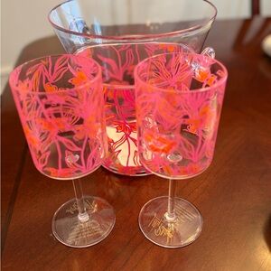 Lilly Pulitzer Pink and Orange Floral Wine Glass Set.